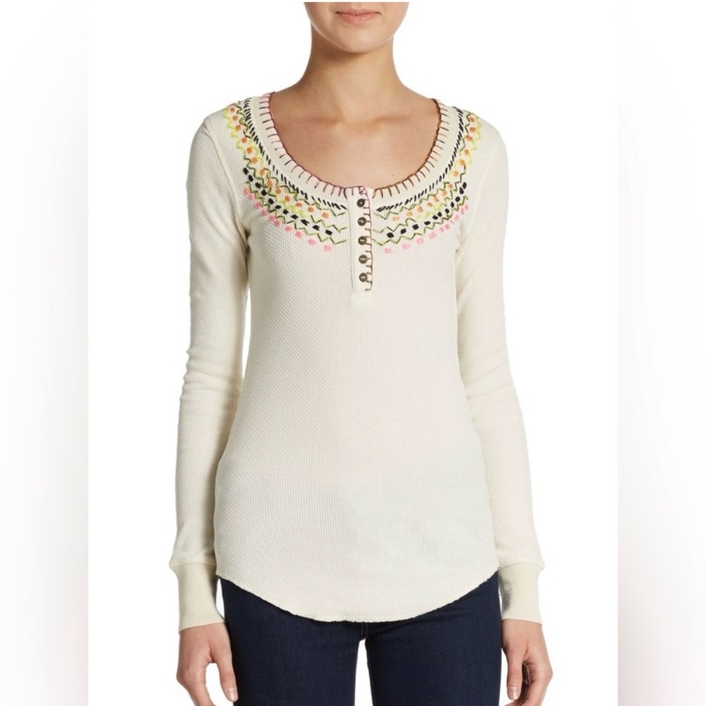 Free People Embroidered Henley Thermal Long Sleeve Top Ivory Size M
